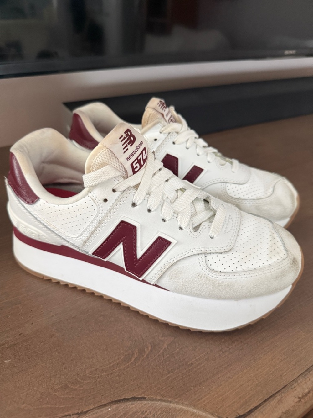 New Balance 574 Platform Sneakers White with Burgundy Accents
